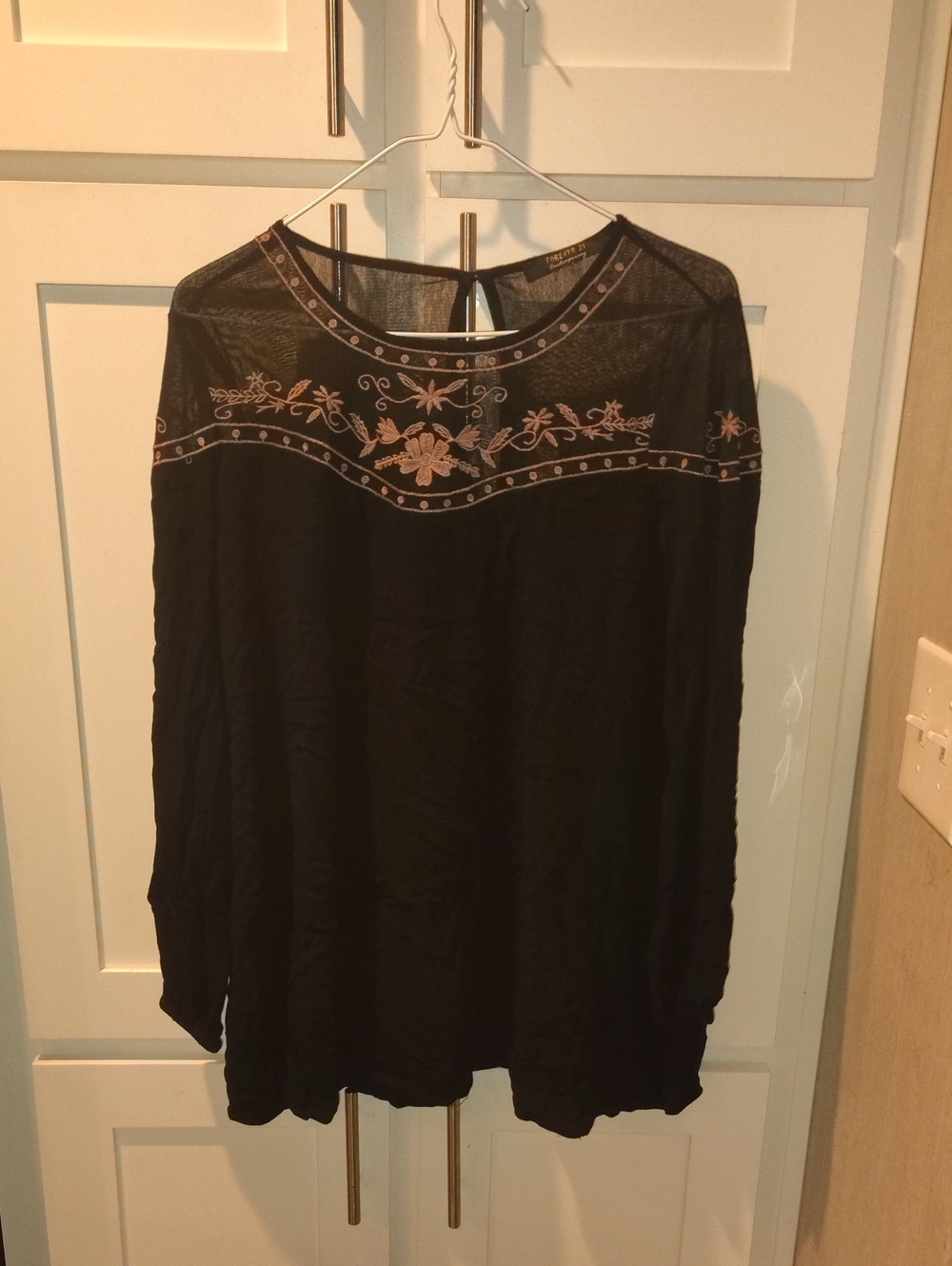 Forever 21 Black Tunic with Pink-Beige Floral Embroidery